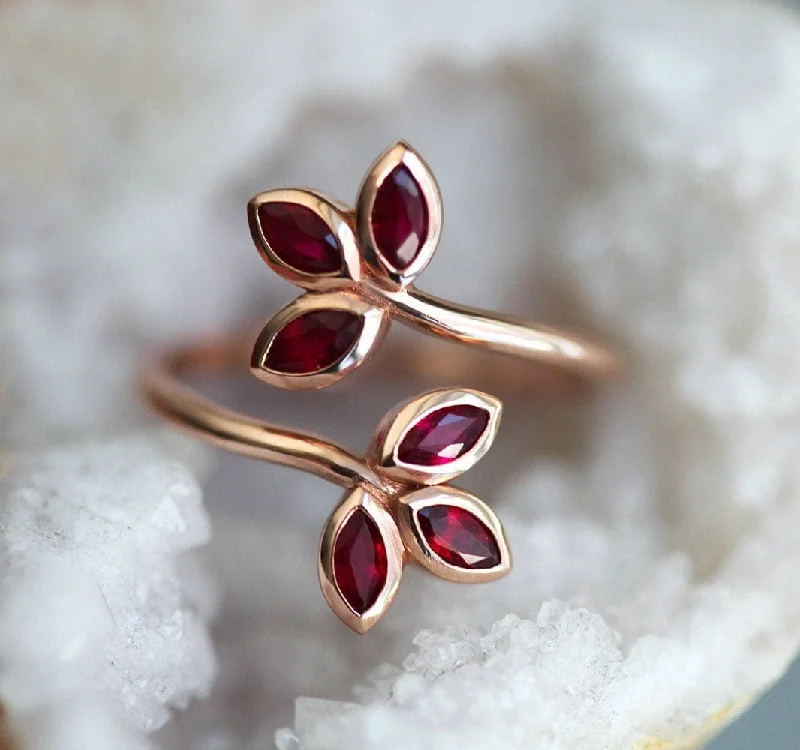 Ladies handmade rings-Marsha Floral Marquise Ruby Wrap Open Ring