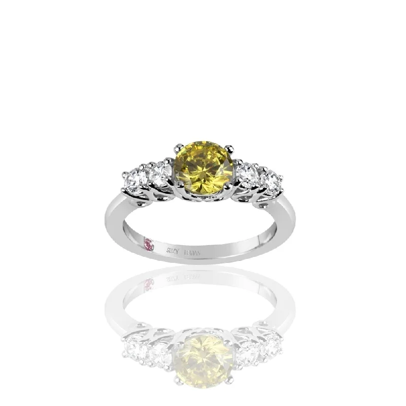 Custom engraving ladies engagement rings-Suzy Levian Sterling Silver Yellow & White Cubic Zirconia 5 Stone Engagement Ring