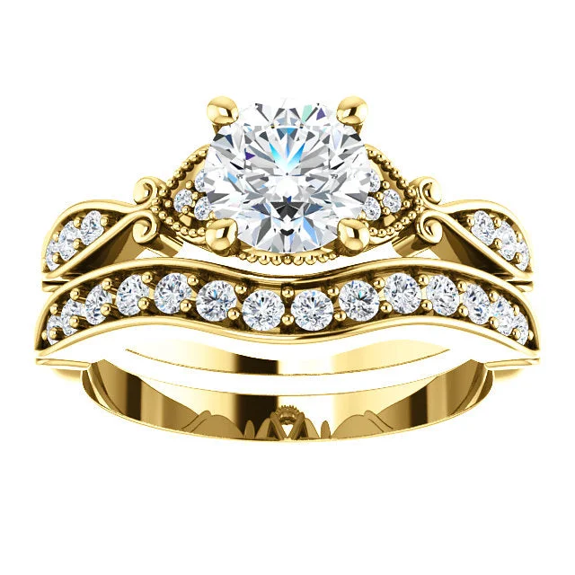 Yellow gold ladies engagement rings-1 1/2ct Diamond Vintage Engagement Matching Wedding Ring Set 14k Gold Yellow