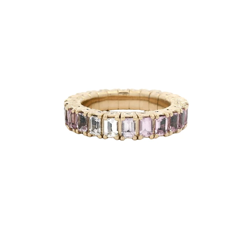 Ladies eternity rings-18K Gold Stretch Emerald Cut Pink Sapphire Ombre Eternity Ring