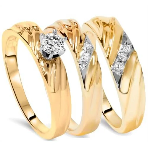 Small diamond ladies engagement rings-1/3ct Diamond Engagement Trio Wedding Band Set 14K Yellow Gold