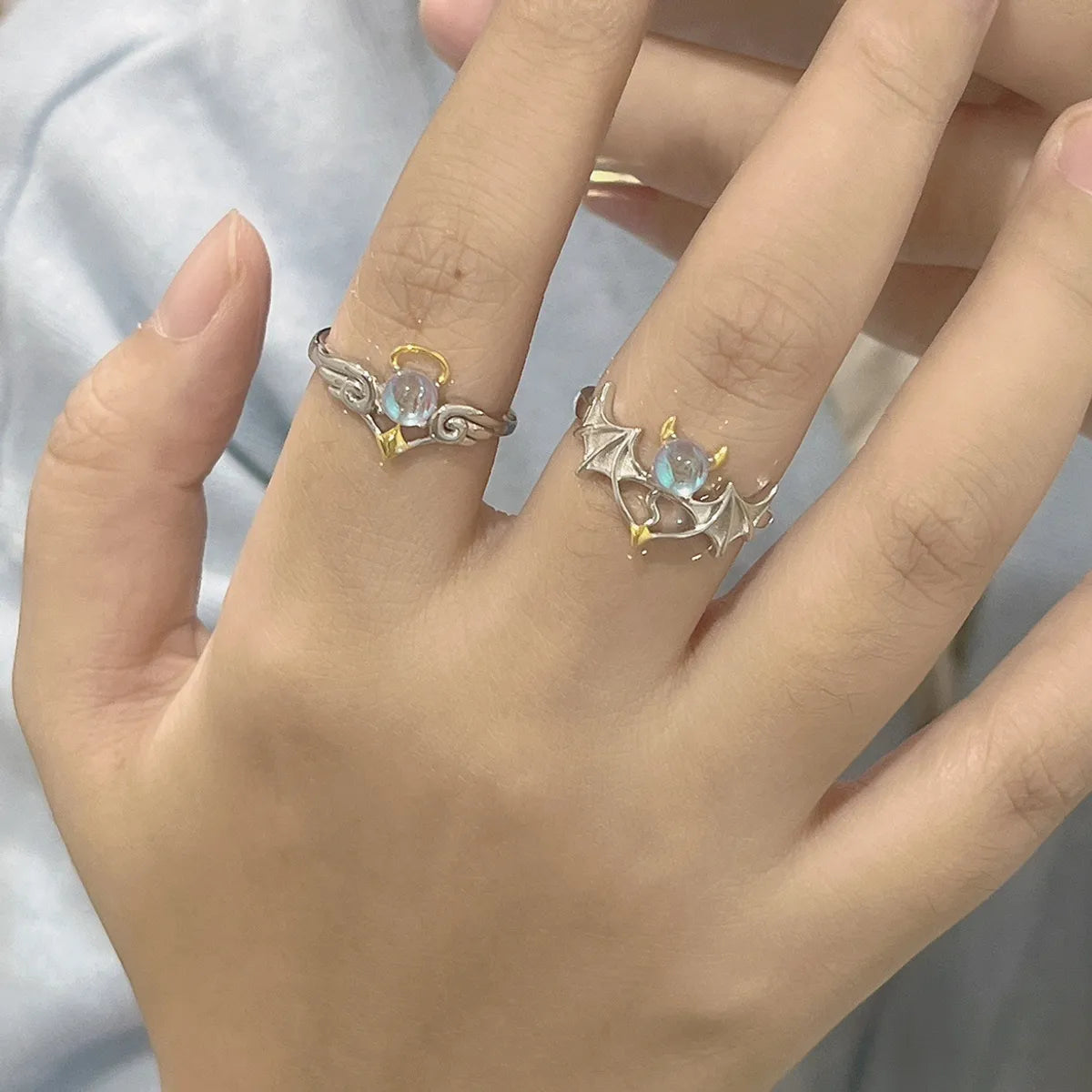 Ladies rose gold rings-Cute Angel Wings Moonstone Alloy Wholesale Open Ring