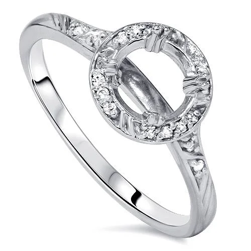 Diamond band engagement rings for ladies-1/8ct Diamond Vintage Engagement Ring Semi Mount 14K White Gold