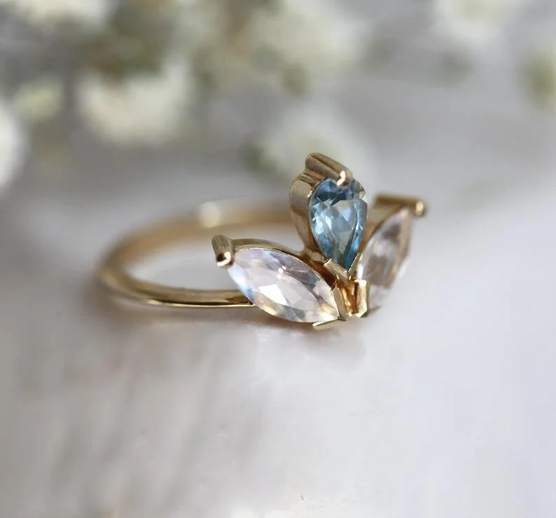 Ladies custom designed rings-Lyanna Floral Moonstone And Aquamarine Ring