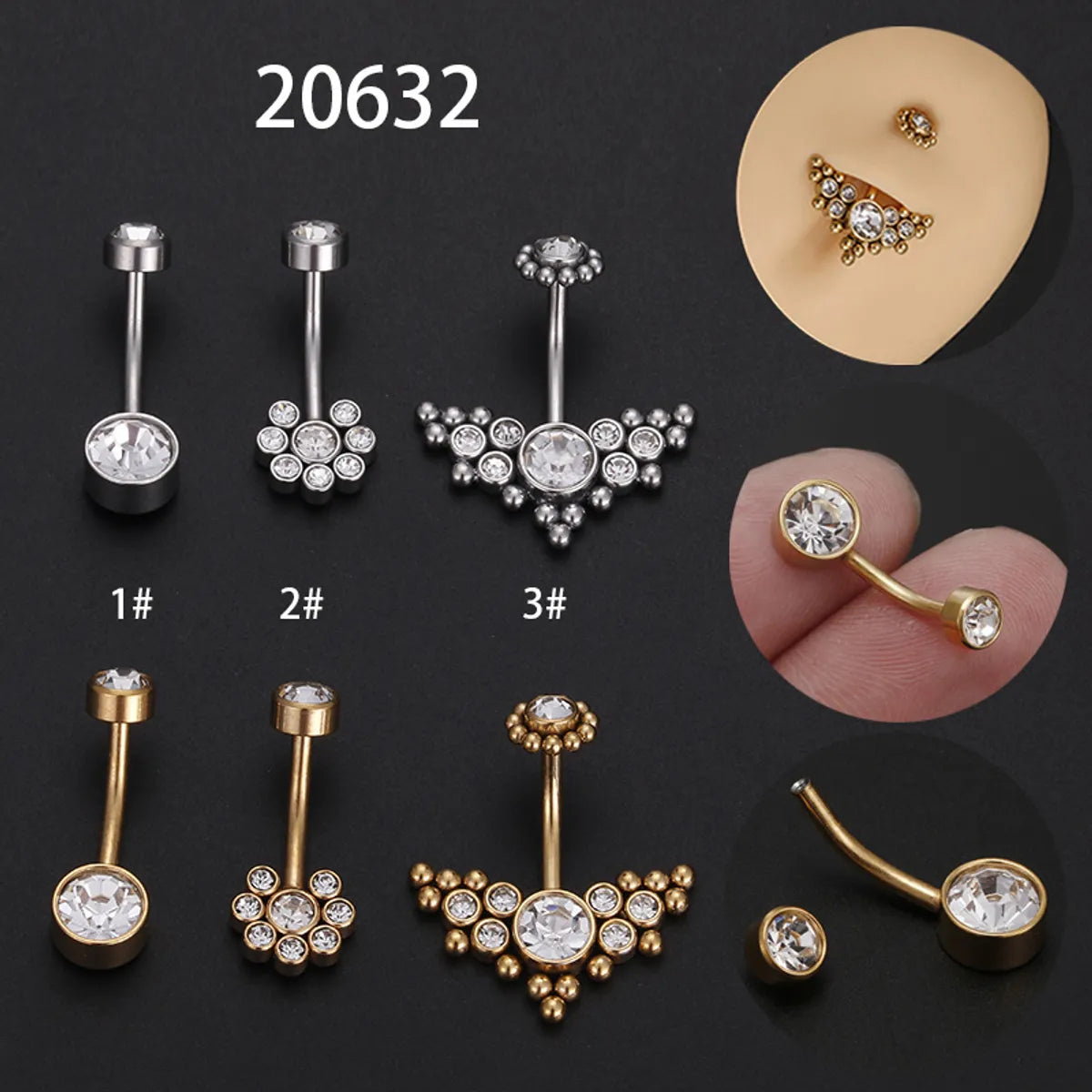 Ladies gold engagement rings-Fashion Solid Color Titanium Steel Rhinestone Belly Ring 1 Piece