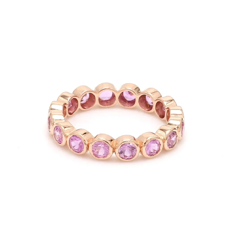 Ladies wedding band rings-14K & 18K Gold Pink Sapphire Round Bezel Set Eternity Band