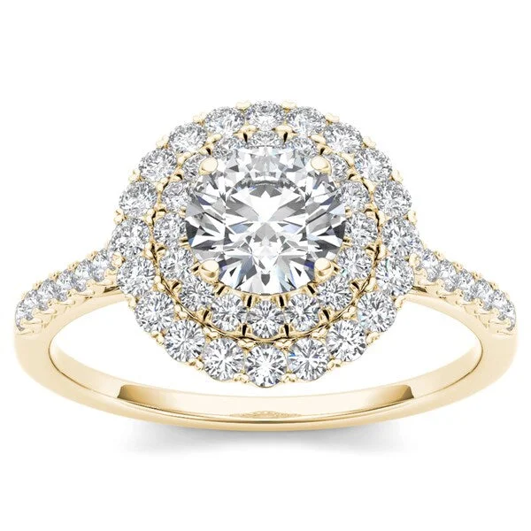 Affordable gemstone engagement rings for women-De Couer 14k Yellow Gold 1ct TDW Diamond Double Halo Engagement Ring