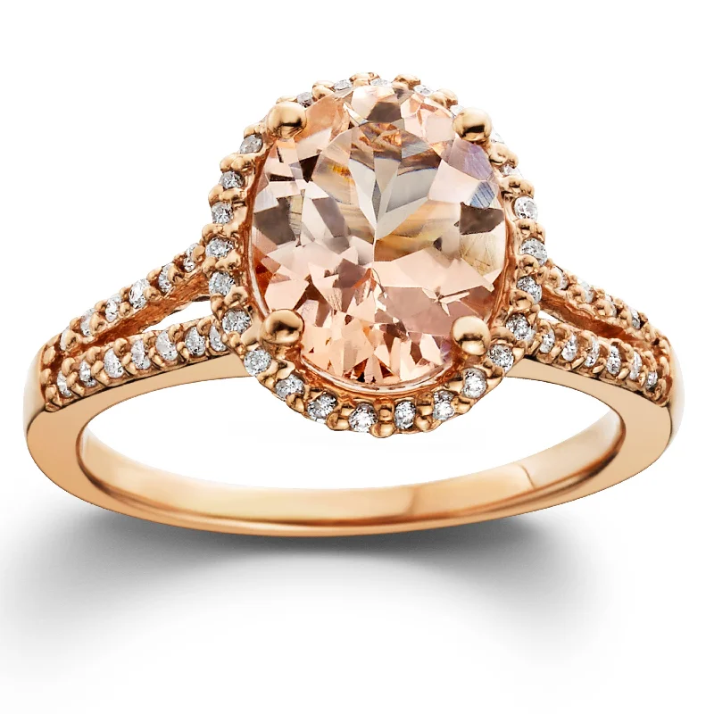 Moissanite ladies engagement rings-3ct Morganite & Diamond Engagement Ring 14K Rose Gold Halo Split Shank