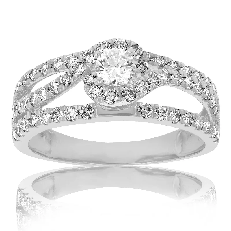 White diamond ladies engagement rings-1 cttw Diamond Halo Round Wedding Engagement Ring 14K White Gold Bridal Design