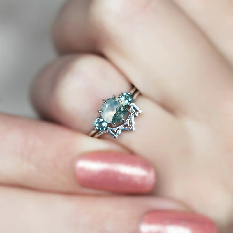 Ladies wedding band rings-Taia Moss Agate Ring Set with Teal Tourmalines | Ready to ship