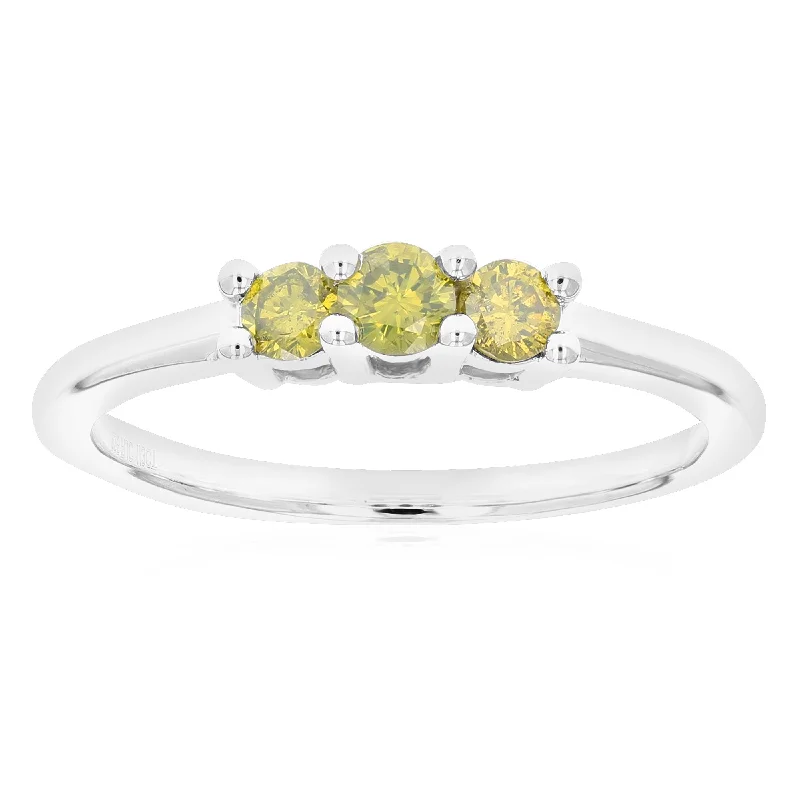 Luxury platinum ladies engagement rings-3/8 cttw 3 Stone Round Cut Yellow Diamond Engagement Ring .925 Sterling Silver Prong Set