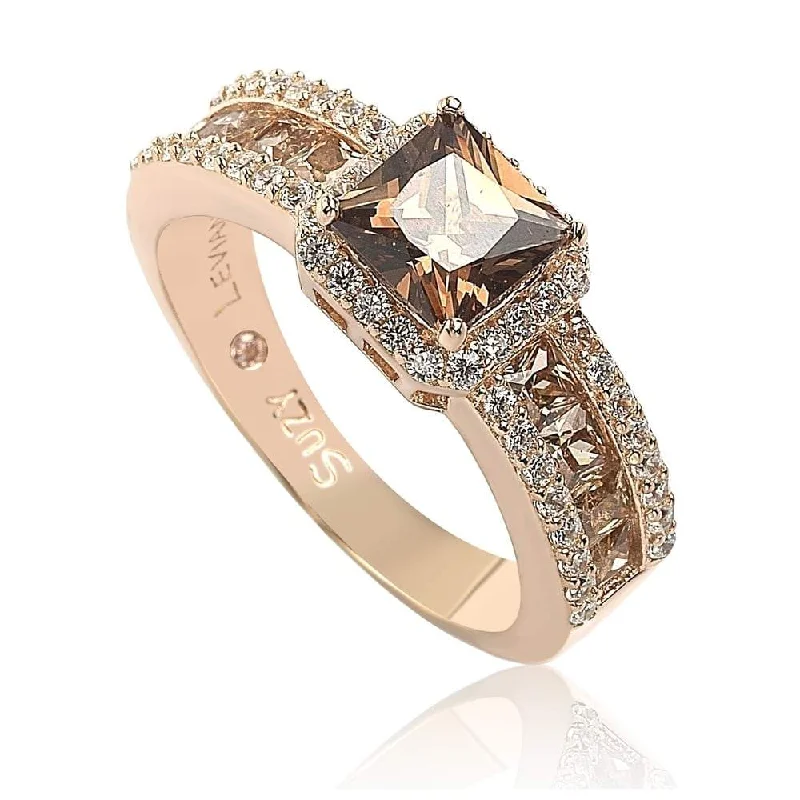 Colored stone ladies engagement rings-Suzy Levian Rose Sterling Silver Brown Asscher Cut Cubic Zirconia Engagement Ring