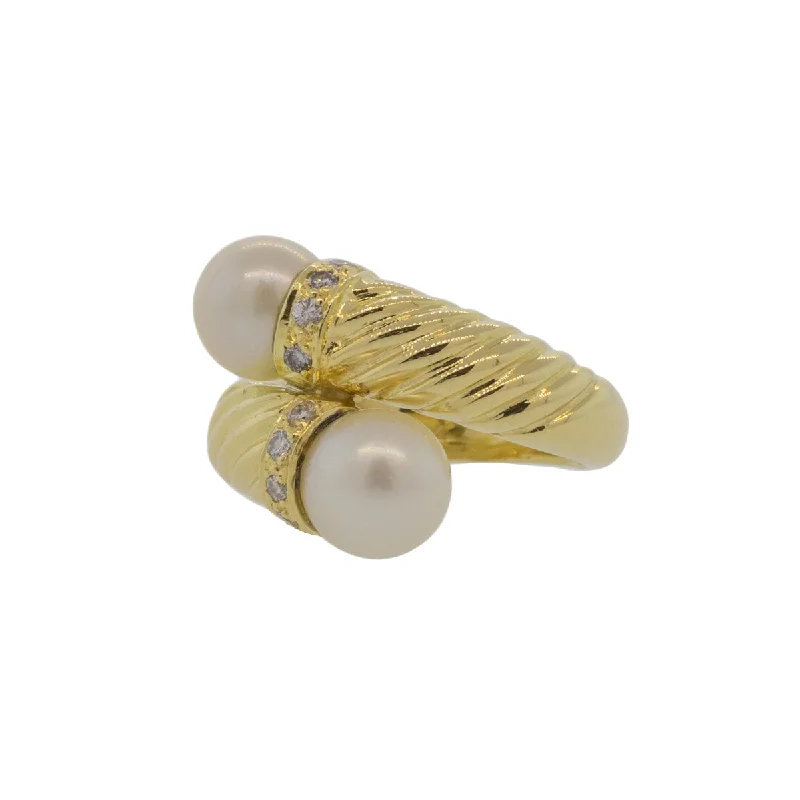 Ladies engraved rings-Akoya Pearl and Diamond Bypass Ring