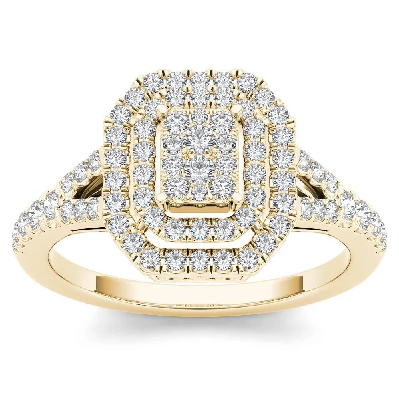 Elegant white gold engagement rings-De Couer 10k Yellow Gold 1/2ct TDW Diamond Cluster Double Frame Engagement Ring