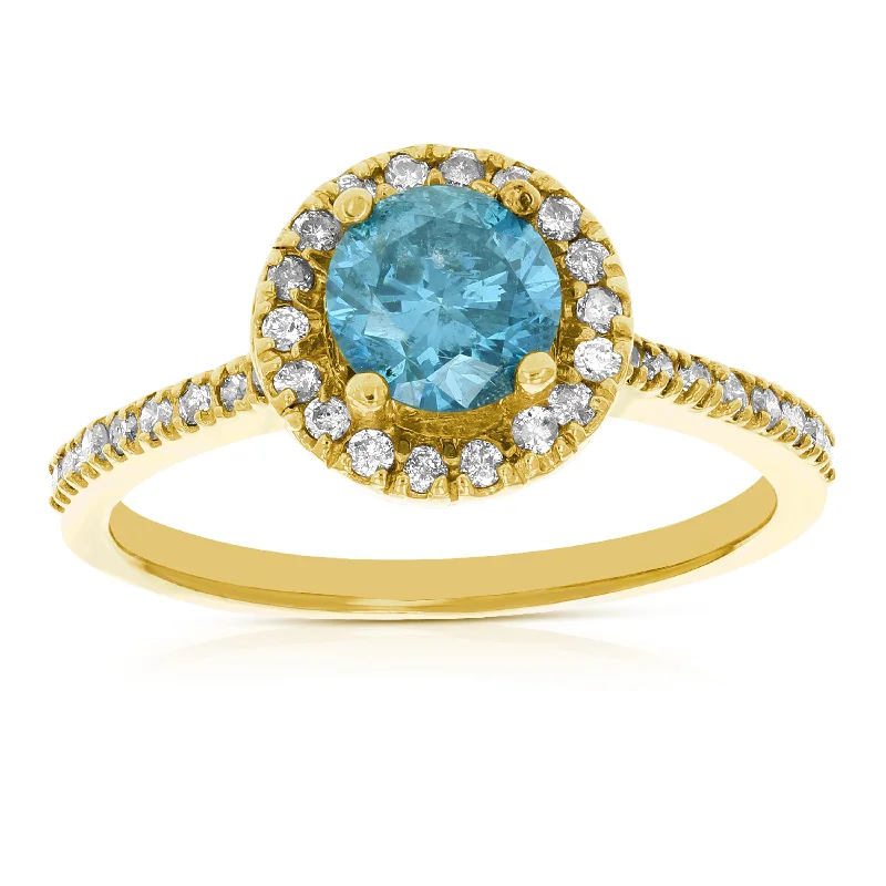 Vintage inspired ladies engagement rings-1.30 cttw Blue and White Diamond Engagement Ring 14K Yellow Gold Bridal