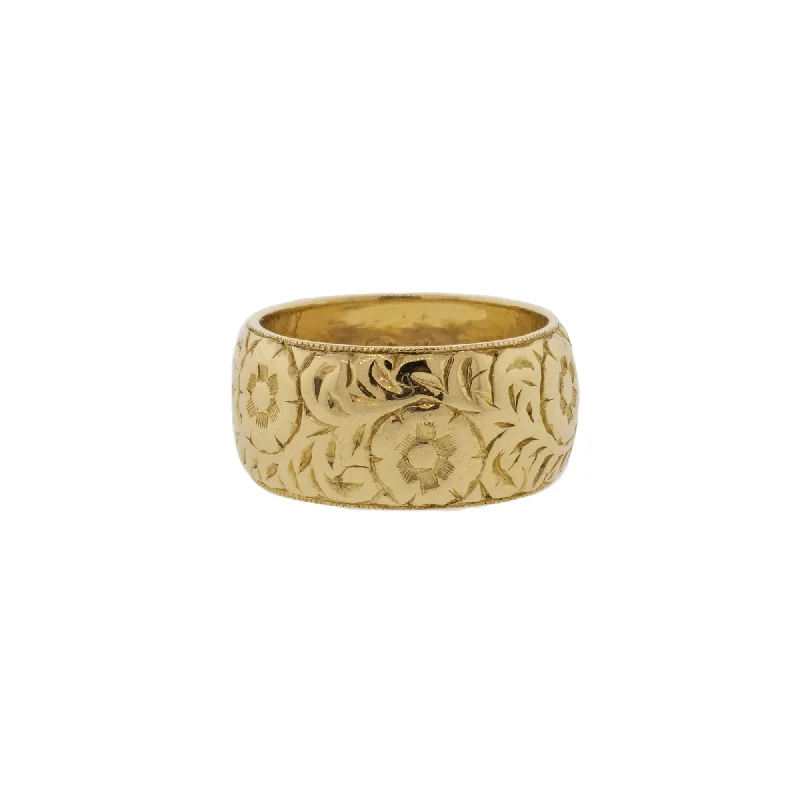 Ladies wedding band rings-Hand Carved Floral & Milgrain Band