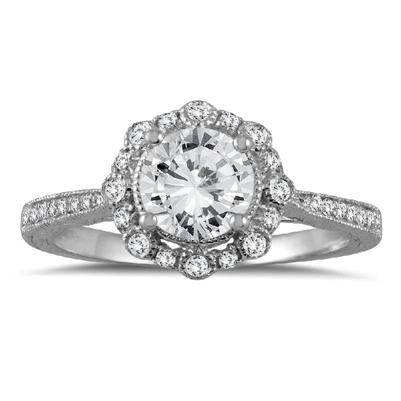 Solitaire diamond ladies engagement rings-1 1/5 Carat TW Diamond Halo Engagement Ring in 14K White Gold