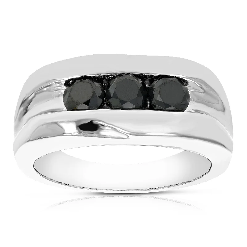 Cushion cut ladies engagement rings-1.10 cttw 3 Stone Men's Black Diamond Engagement Ring in .925 Sterling Silver