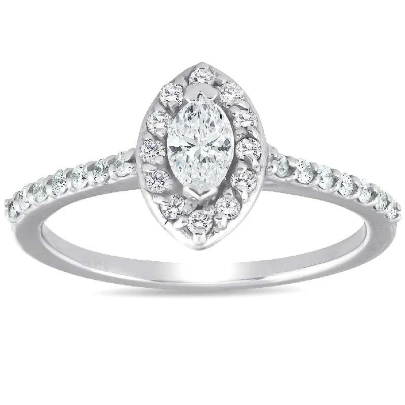 Emerald and diamond ladies engagement rings-1/2ct Halo Marquise Diamond Engagement 14K White Gold Ring Lab Grown