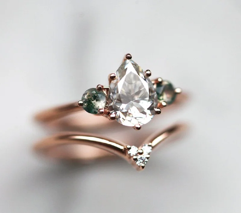 Ladies gemstone rings-Misella Pear Moissanite Ring With Side Moss Agate