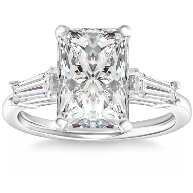 Modern ladies engagement rings-4 3/4Ct Radiant Cut & Baguette Diamond Engagement Ring 14k White Gold Lab Grown