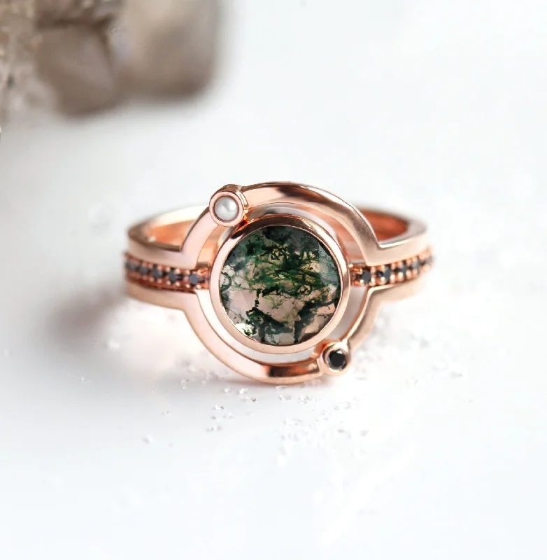 Ladies custom rings-Saturn Moss Agate Ring Set