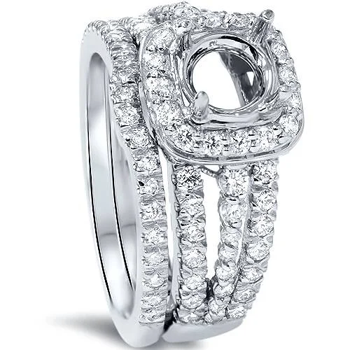 Simple ladies engagement rings-1ct Cushion Halo Diamond Engagement Mount Set 14K White Gold