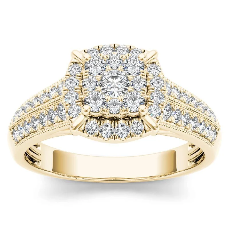 Unique gemstone ladies engagement rings-De Couer 10k Yellow Gold 1/2ct TDW Diamond Cluster Halo Engagement Ring