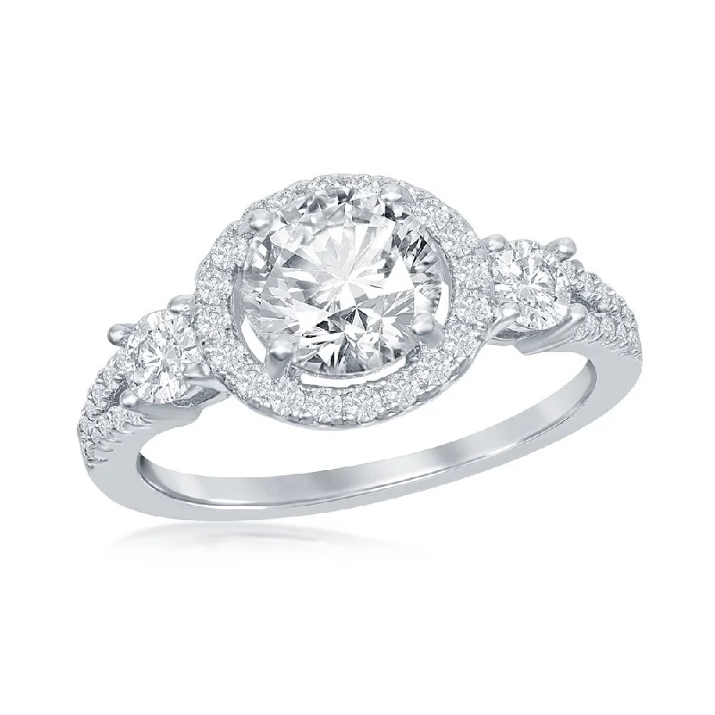 Affordable diamond ladies engagement rings-Sterling Silver Round CZ Halo with Side Stones Open Band Engagement Ring