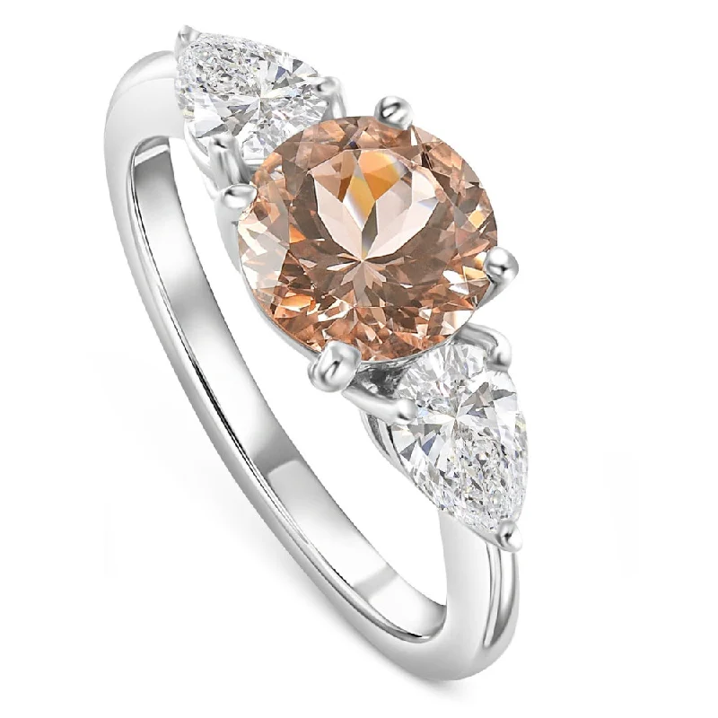 Vintage ladies engagement rings-2.75Ct Morganite & Pear Shape 3-Stone Diamond Engagement Ring 14k Gold Lab Grown