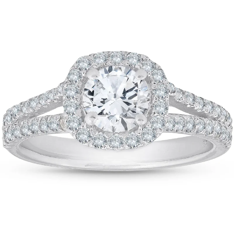 White gold ladies engagement rings-1 Ct Cushion Halo Engagement Ring 14k White Gold Lab Grown Diamond