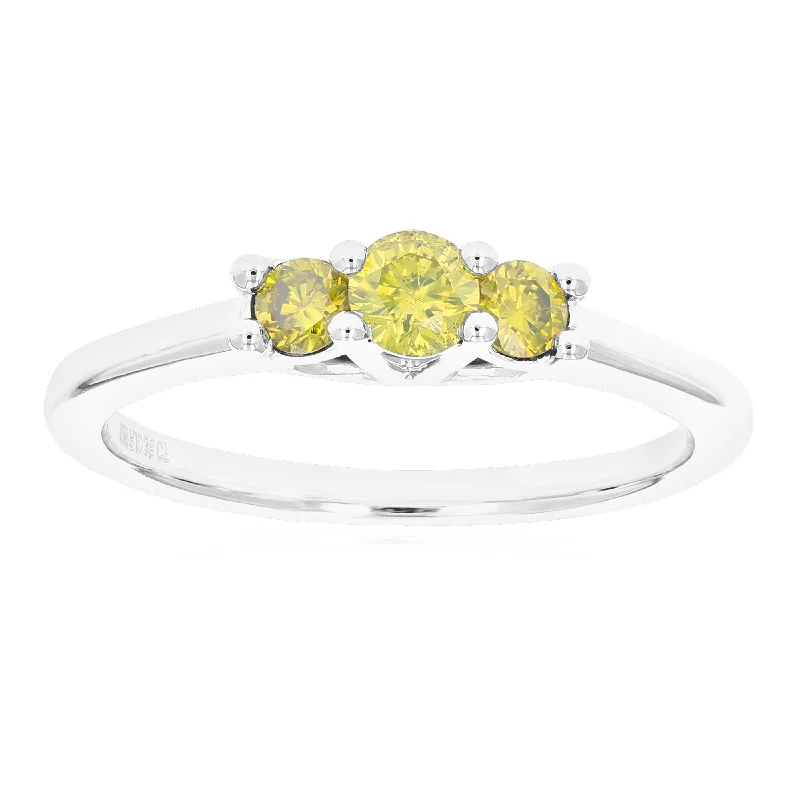 Affordable gemstone engagement rings for women-1/3 cttw 3 Stone Round Cut Yellow Diamond Engagement Ring .925 Sterling Silver Prong Set