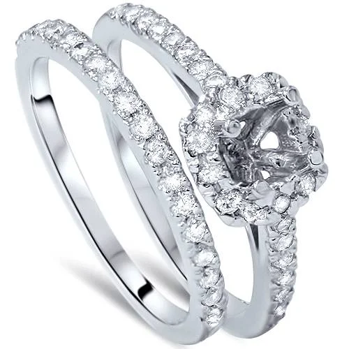 Budget-friendly ladies engagement rings-3/4ct Cushion Halo Engagement Ring Setting & Band 14K White Gold