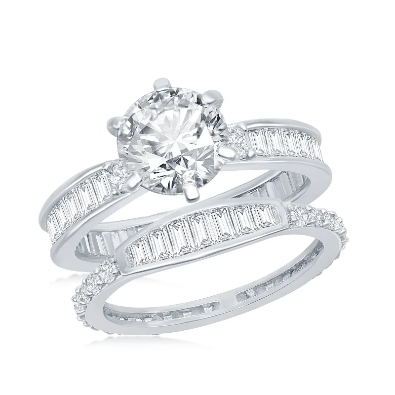 Alternative engagement rings for ladies-Sterling Silver Six-Prong Baguette CZ Band Engagement Ring Set