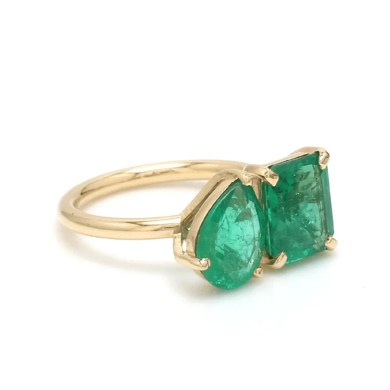 Ladies emerald rings-14K & 18K Gold Emerald Double Stone Ring, Emerald & Pear cuts