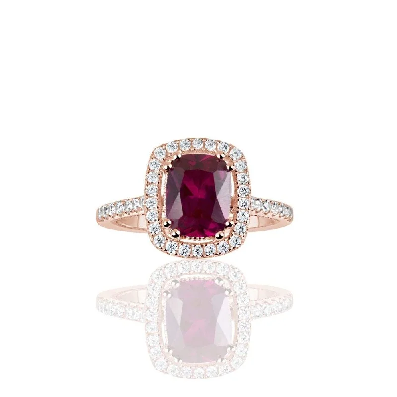 Modern design ladies engagement rings-Suzy Levian Rose Sterling Silver Elongated Cushion Cut Created Ruby Engagement Ring