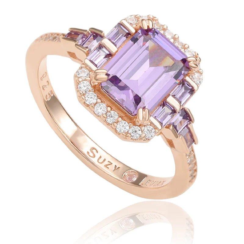 Classic solitaire ladies engagement rings-Suzy Levian Rose Sterling Silver Purple Amethyst Emerald  Cut Cubic Engagement Ring