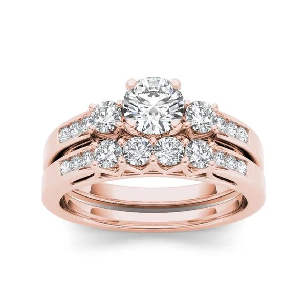 Custom ladies engagement rings-De Couer 14k Rose Gold 1 1/4ct TDW Diamond Three-Stone Engagement Ring Set - Pink