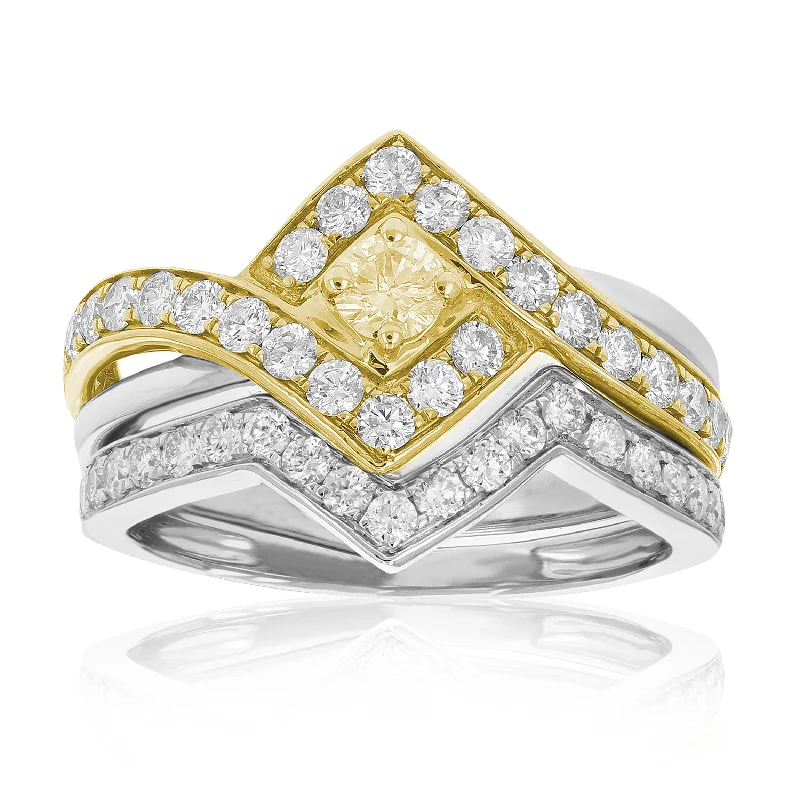 Ladies engagement rings with diamonds-1 cttw Diamond Wedding Engagement Ring Set 14K Two Tone Gold Princess Halo Style