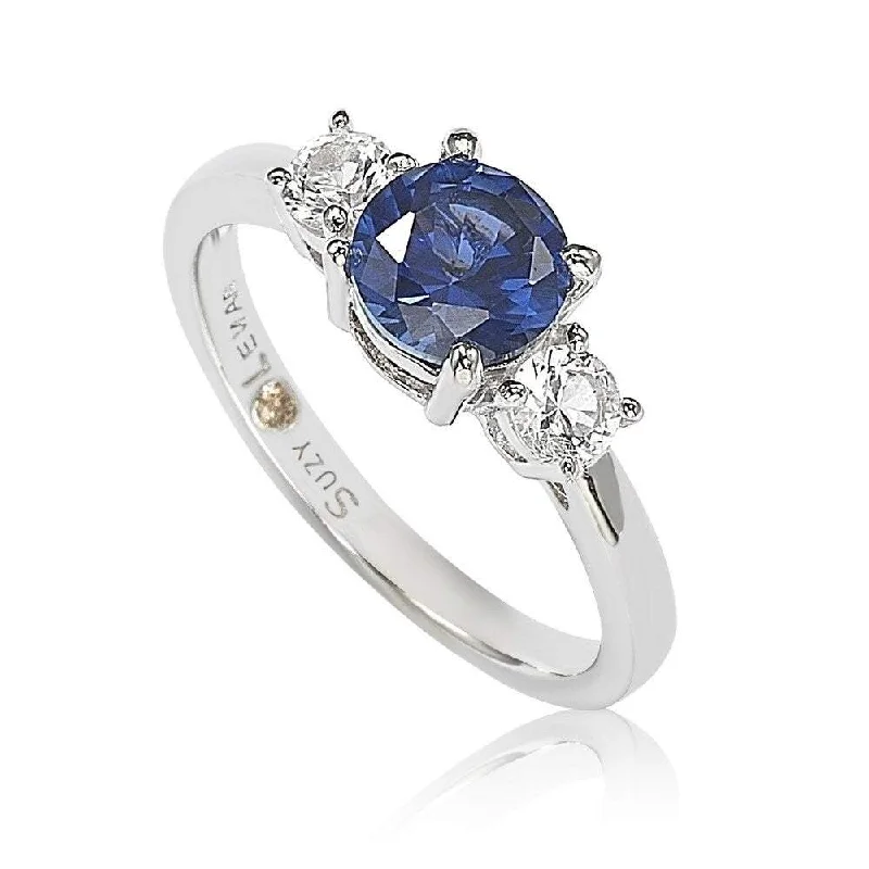 Solitaire diamond ladies engagement rings-Suzy Levian Sterling Silver Sapphire & Diamond Accent Engagement Ring