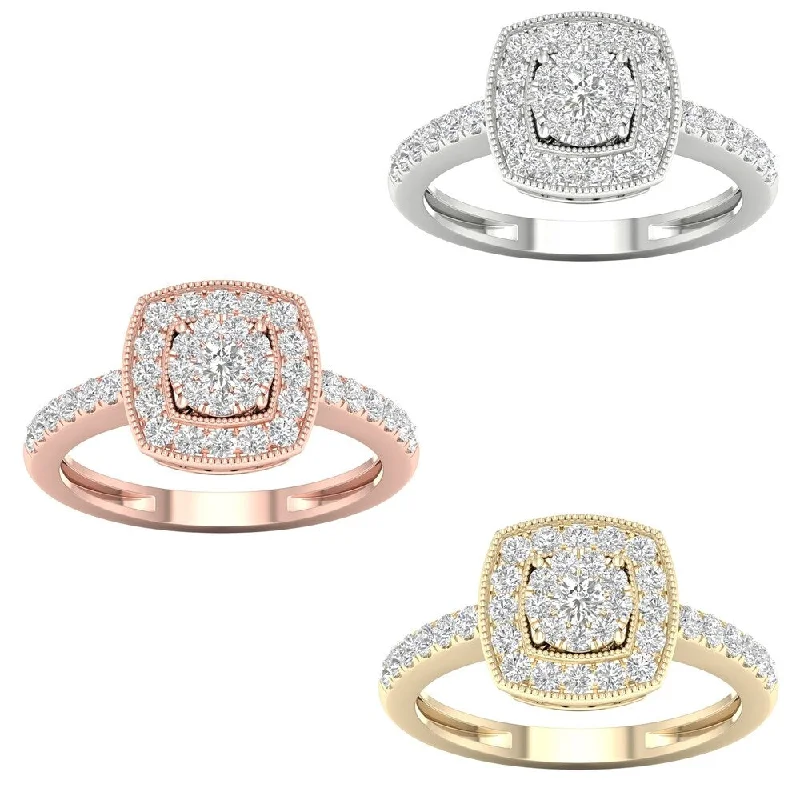 Budget-friendly ladies engagement rings-1/2ct TDW Diamond Cluster Halo Engagement Ring in 10k Gold by De Couer