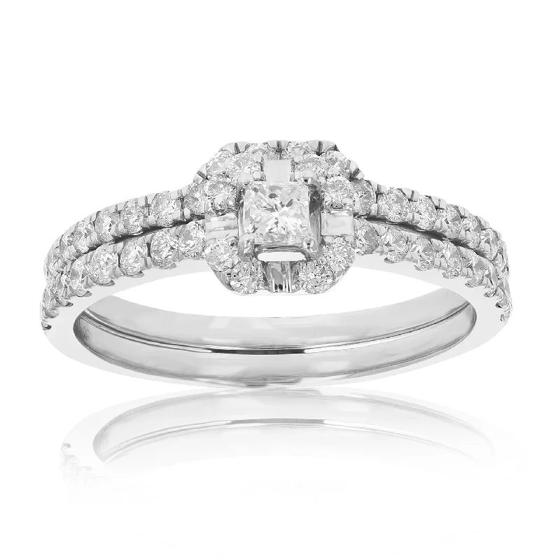 Three-stone diamond ladies engagement rings-3/4 cttw Diamond Wedding Engagement Ring Set 14K White Gold Princess Bridal