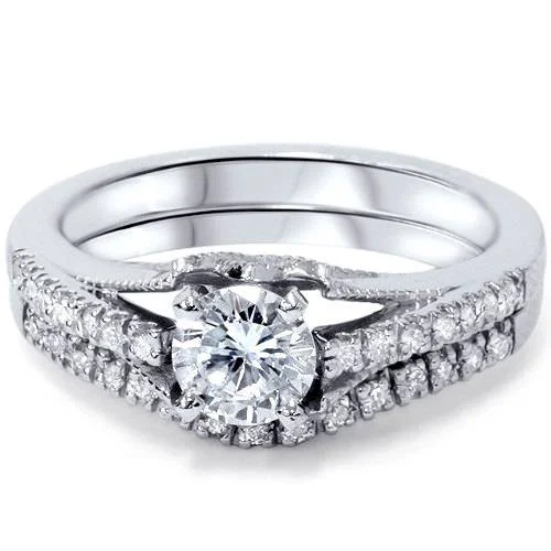 Classic ladies engagement rings-Platinum 1ct Diamond Engagement Matching Wedding Ring Set Vintage