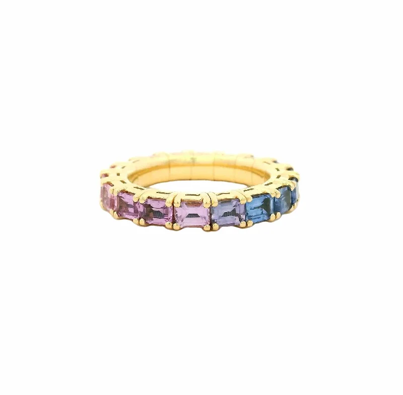 Ladies wedding rings-18K Gold East West Stretch & Stack Emerald Cut Blue and Pink Sapphire Eternity Ring