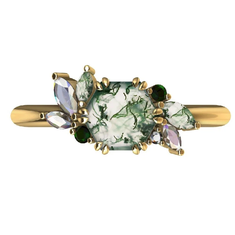 Ladies eternity rings-Addison Hexagon Moss Agate Ring with Accent Stones