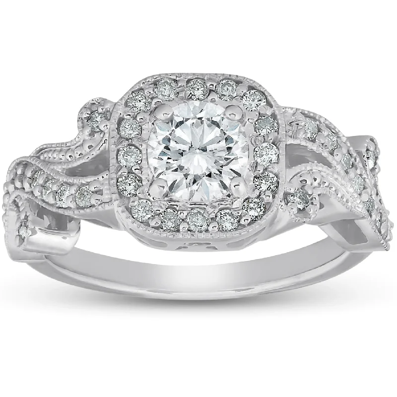 Radiant cut ladies engagement rings-1 Ct Diamond Vintage Cushion Halo Vine Band Engagement Ring 14k White Gold