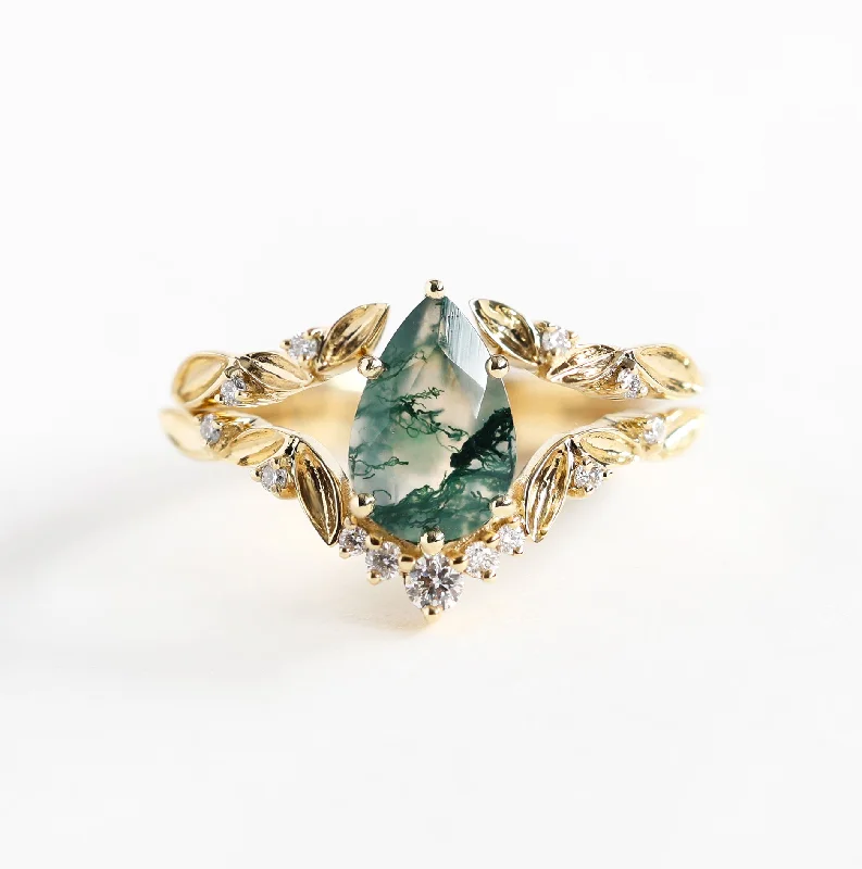 Ladies silver diamond rings-Pear Leaf Moss Agate Ring Set