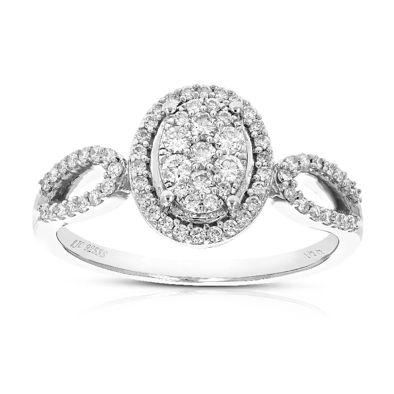 Diamond halo ladies engagement rings-1/2 cttw Round Lab Grown Diamond Prong Set Engagement Ring .925 Sterling Silver