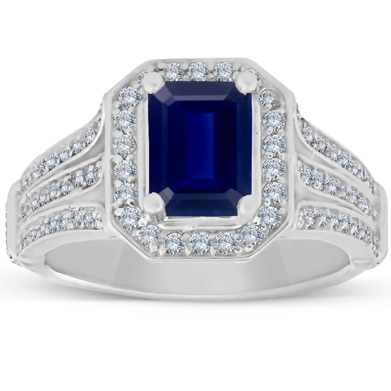 Emerald cut ladies engagement rings-Vintage White Gold 2 ct Blue Sapphire & Diamond Halo Engagement Ring