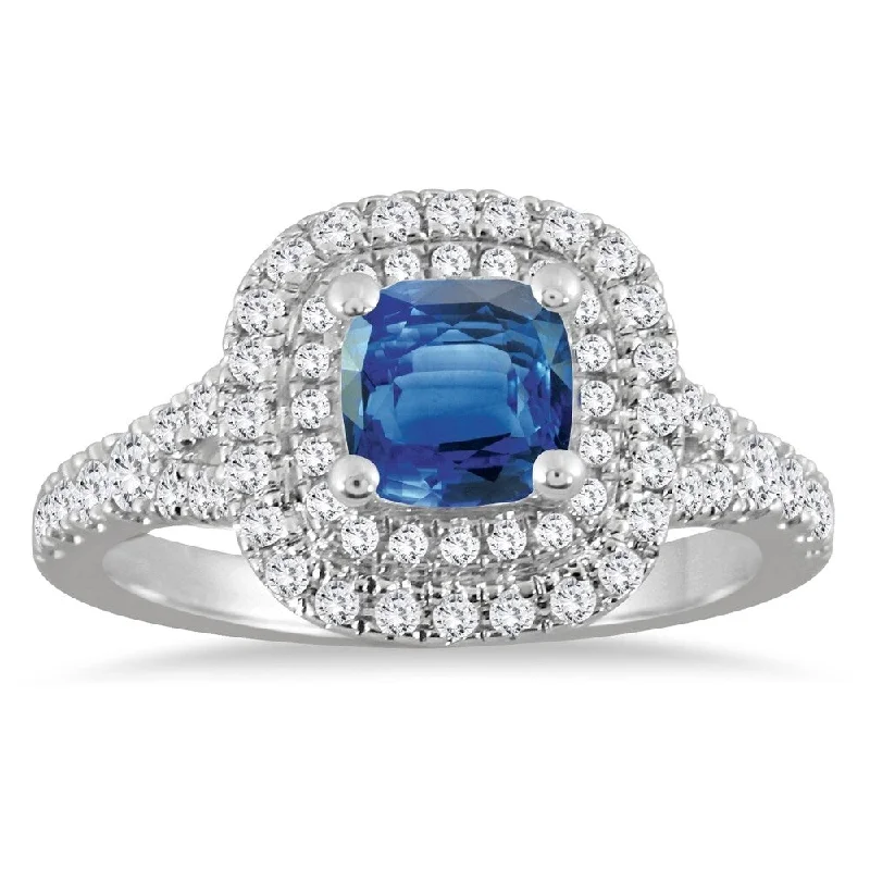 Elegant ladies engagement rings-1 1/2 Carat Sapphire and Diamond Halo Engagement Ring in 14K White Gold